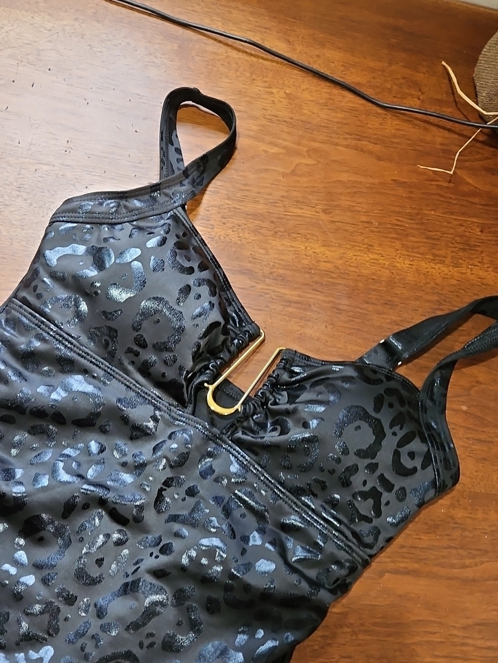Black Leopard-Print One-Piece Swimsuit with Gold Accent - Picture 5 of 11
